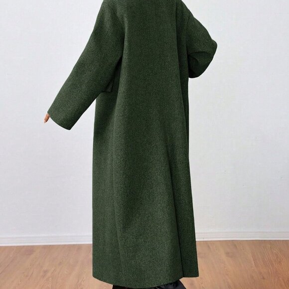 Army Green Casual Women's Lapel Long Coat - Picture 3 of 6